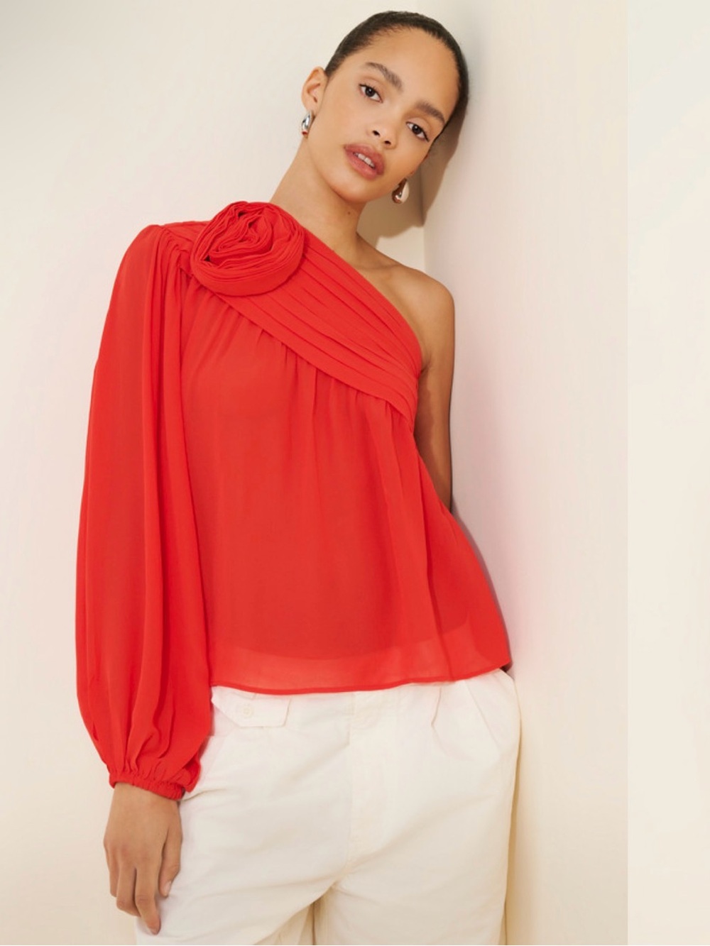 FARM Rio One-Shoulder Red Rosette Blouse